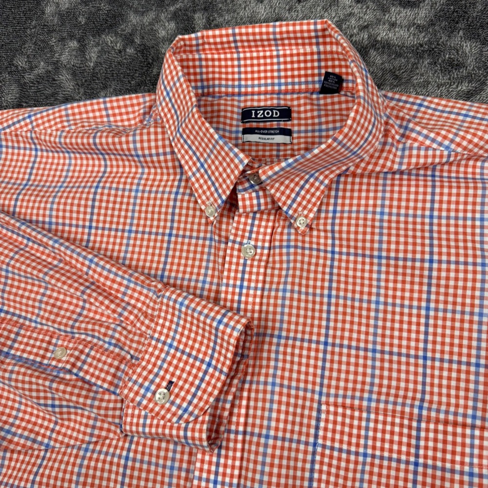 IZOD Button Down Shirt Mens 2XL Orange Gingham All-Over Stretch Regular Fit L/S